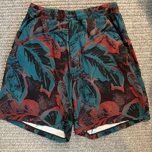 Lululemon pacebreaker shorts, cool red and green beach theme, size small.